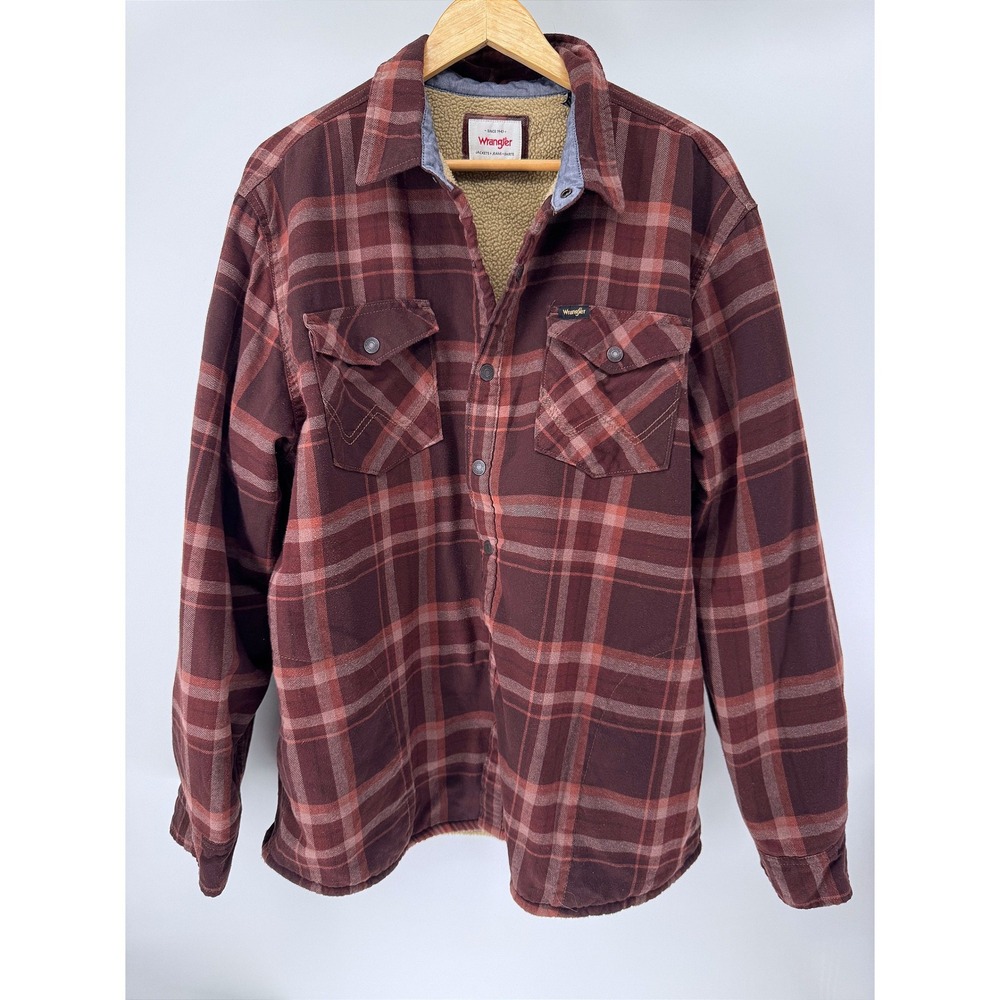 Wrangler Sherpa Lined Flannel Shirt Jacket Mens XL Maroon Plaid Workwear Shacket